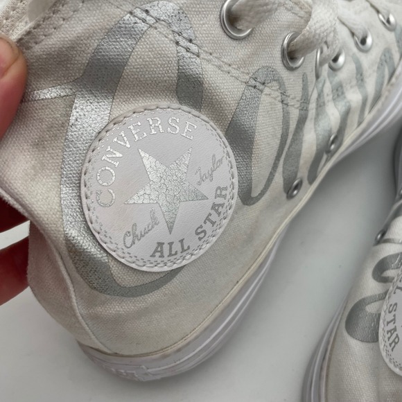 Converse All Star High Top‎ Sneakers White Silver Script Lettering Shoes Size 7 - Picture 11 of 14